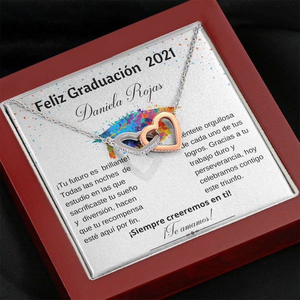 Regalo para Graduación - Collar Interlocking Hearts con tarjeta personalizada. Jewelry Caja de Lujo de Madera con Luz Mahogany 