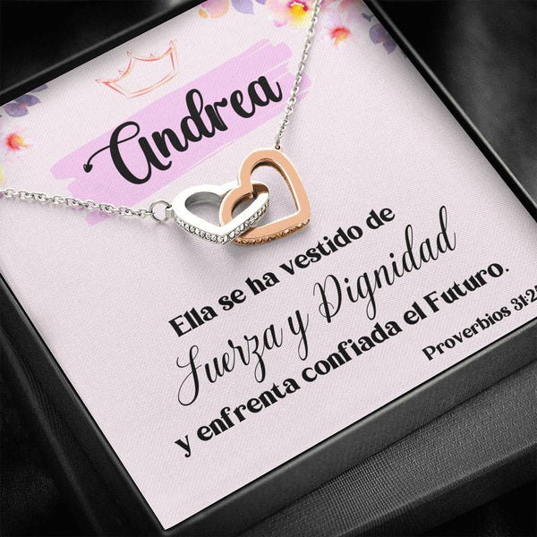 Regalo para Hija, Amiga, Madre - Ella se ha vestido con Fuerza y Dignidad - Collar 2 Corazones Entrelazados Jewelry/InterlockingHearts 