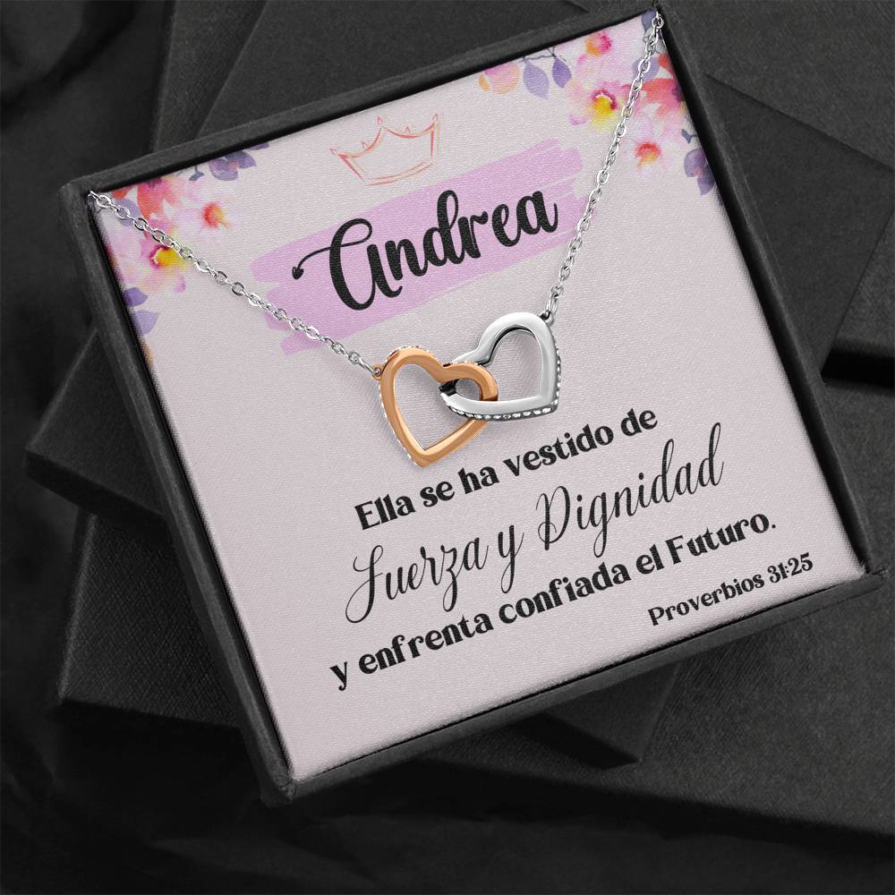 Regalo para Hija, Amiga, Madre - Ella se ha vestido con Fuerza y Dignidad - Collar 2 Corazones Entrelazados Jewelry/InterlockingHearts Caja de Regalo Incluida 