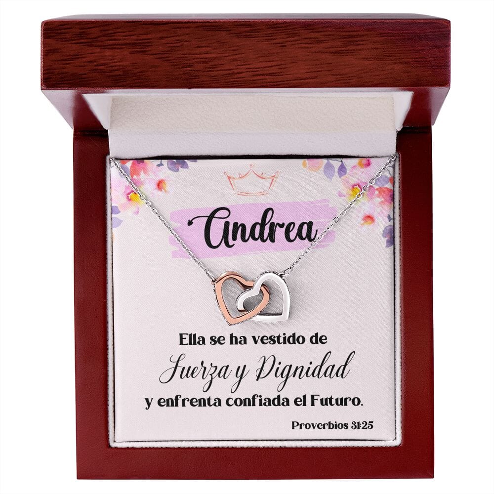 Regalo para Hija, Amiga, Madre - Ella se ha vestido con Fuerza y Dignidad - Collar 2 Corazones Entrelazados Jewelry/InterlockingHearts Caja de Madera de Lujo con luz LED - Mahogany 
