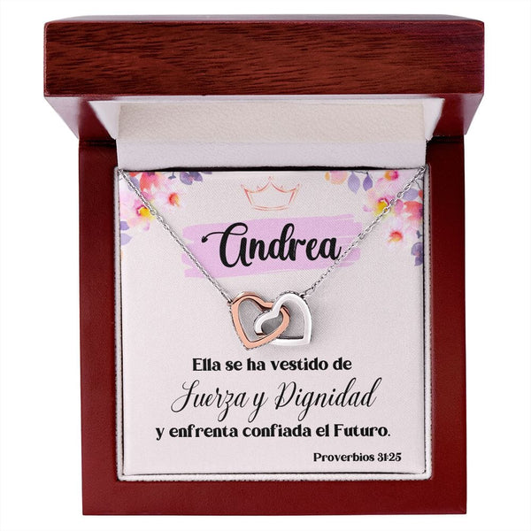 Regalo para Hija, Amiga, Madre - Ella se ha vestido con Fuerza y Dignidad - Collar 2 Corazones Entrelazados Jewelry/InterlockingHearts Caja de Madera de Lujo con luz LED - Mahogany 