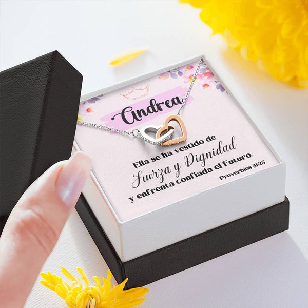 Regalo para Hija, Amiga, Madre - Ella se ha vestido con Fuerza y Dignidad - Collar 2 Corazones Entrelazados Jewelry/InterlockingHearts 