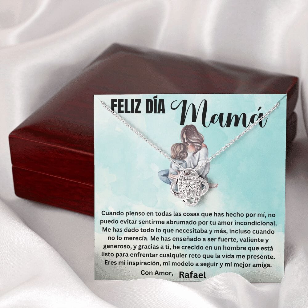 Regalo para Mamá en su día - Cuando pienso en todas las cosas que... - Collar Nudo de Amor con Caja de regalo y Tarjeta personalizada Jewelry/LoveKnot Acabado en oro blanco de 14 k Luxury Box 