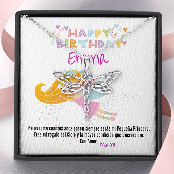 Regalo para tu Princesa en su cumpleaños- Collar Libélula. Personaliza la tarjeta para esa persona que esta lejos. Jewelry 