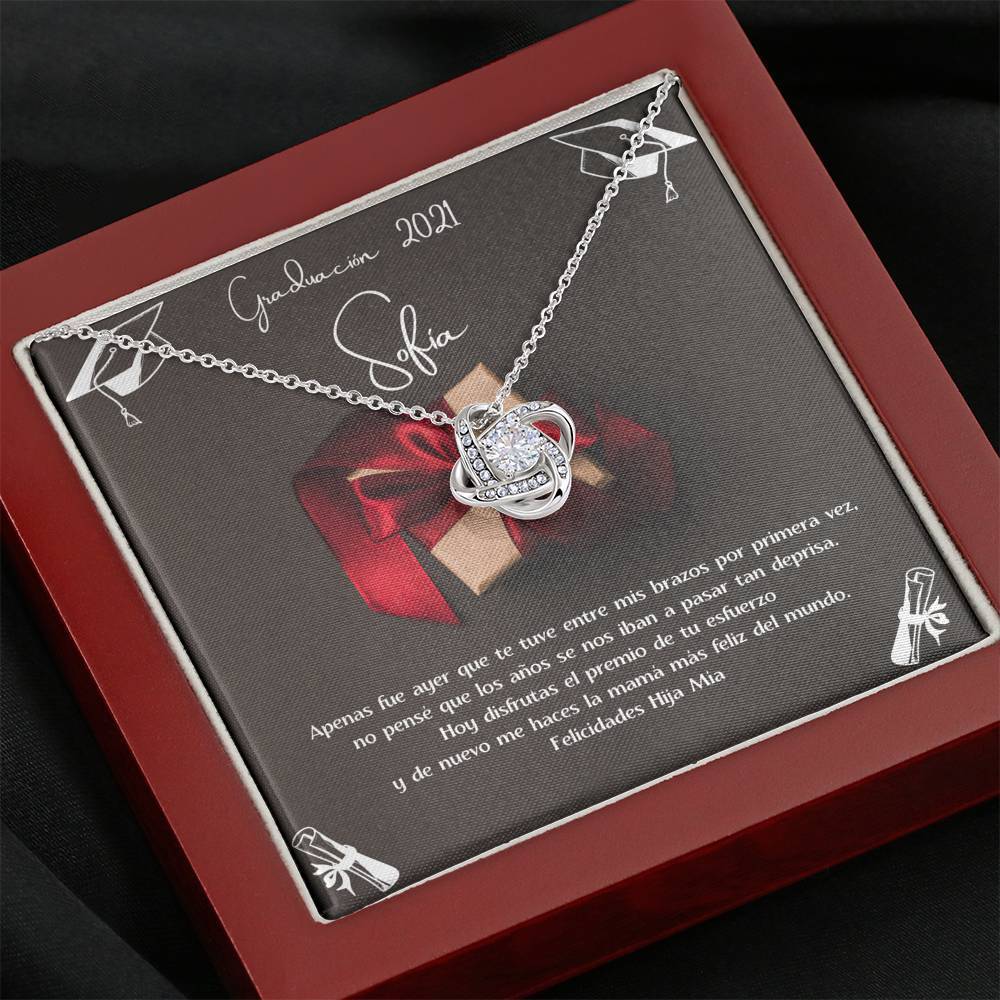 Regalo para una Hija en su graduación - Collar Love Knot con tarjeta personalizada Jewelry ShineOn Fulfillment Caja de Madera de Lujo con Luz Mahogany 