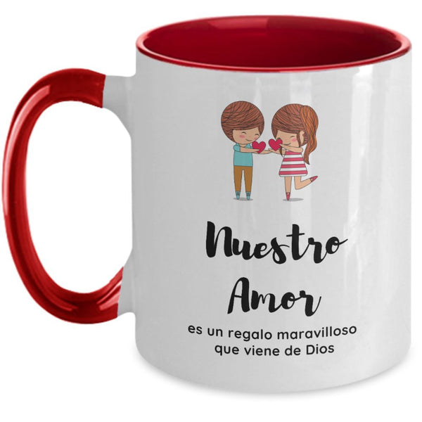 Taza 2 colores con mensaje de amor: Nuestro amor es un regalo maravilloso que viene De Dios Coffee Mug Regalos.Gifts Two Tone 11oz Mug Red 