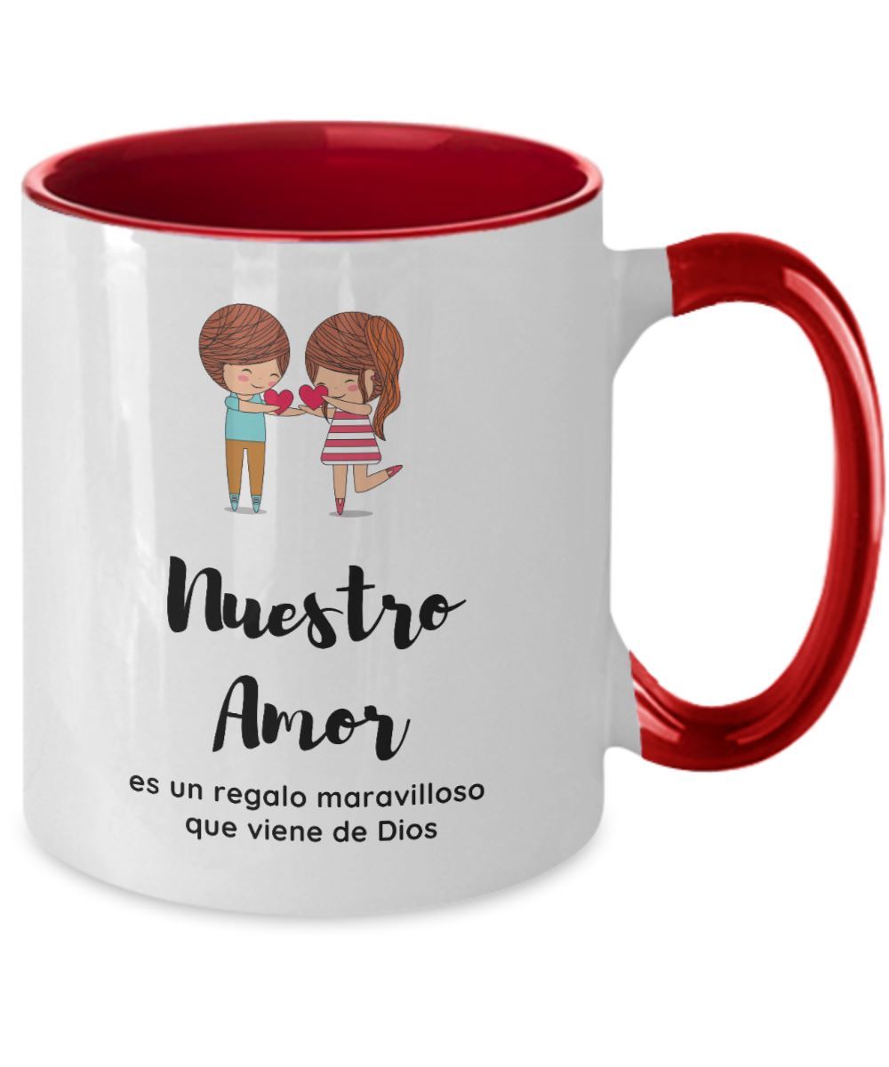 Taza 2 colores con mensaje de amor: Nuestro amor es un regalo maravilloso que viene De Dios Coffee Mug Regalos.Gifts 