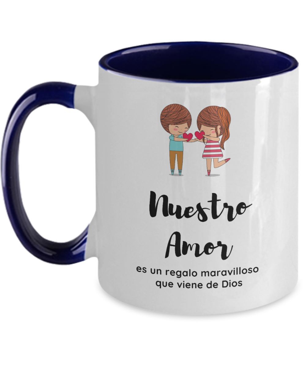 Taza 2 colores con mensaje de amor: Nuestro amor es un regalo maravilloso que viene De Dios Coffee Mug Regalos.Gifts 