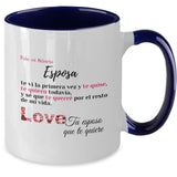 Taza 2 colores con mensaje de amor: Para mi Hermosa Esposa, te vi la primera vez y te quise… Coffee Mug Regalos.Gifts Two Tone 11oz Mug Navy 