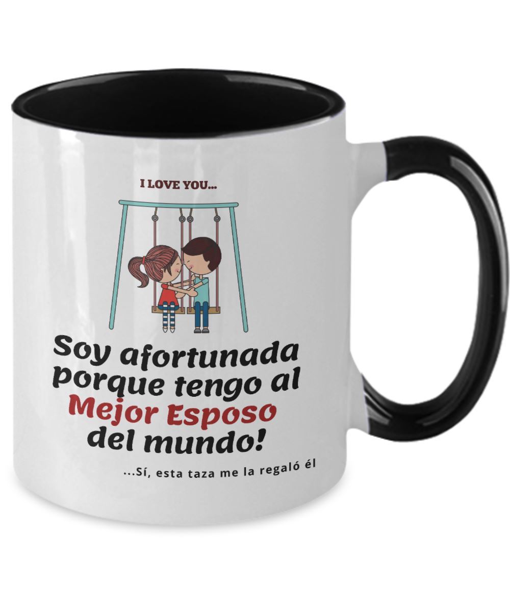 Taza 2 colores con mensaje de amor: Soy afortunada porque tengo al Mejor Esposo del mundo! Coffee Mug Regalos.Gifts Two Tone 11oz Mug Black 