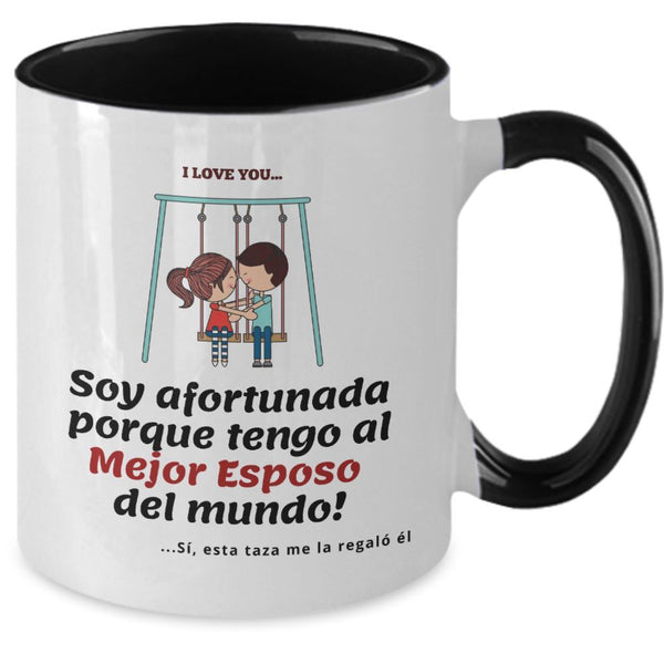 Taza 2 colores con mensaje de amor: Soy afortunada porque tengo al Mejor Esposo del mundo! Coffee Mug Regalos.Gifts Two Tone 11oz Mug Black 