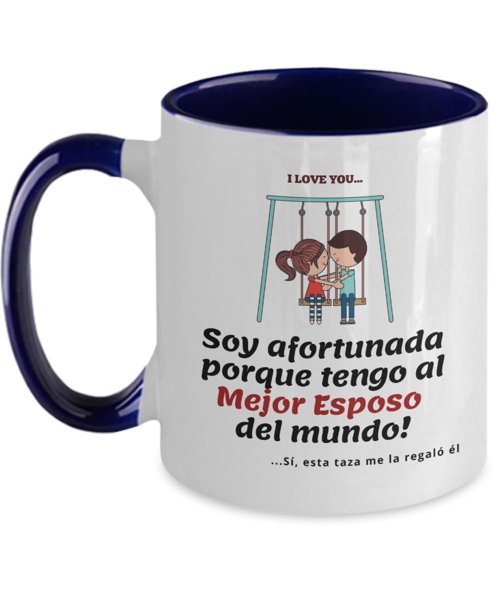 Taza 2 colores con mensaje de amor: Soy afortunada porque tengo al Mejor Esposo del mundo! Coffee Mug Regalos.Gifts Two Tone 11oz Mug Navy 