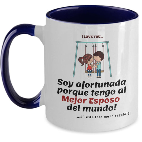 Taza 2 colores con mensaje de amor: Soy afortunada porque tengo al Mejor Esposo del mundo! Coffee Mug Regalos.Gifts Two Tone 11oz Mug Navy 