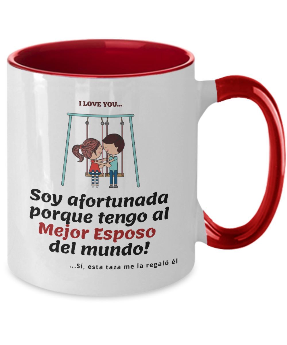 Taza 2 colores con mensaje de amor: Soy afortunada porque tengo al Mejor Esposo del mundo! Coffee Mug Regalos.Gifts Two Tone 11oz Mug Red 