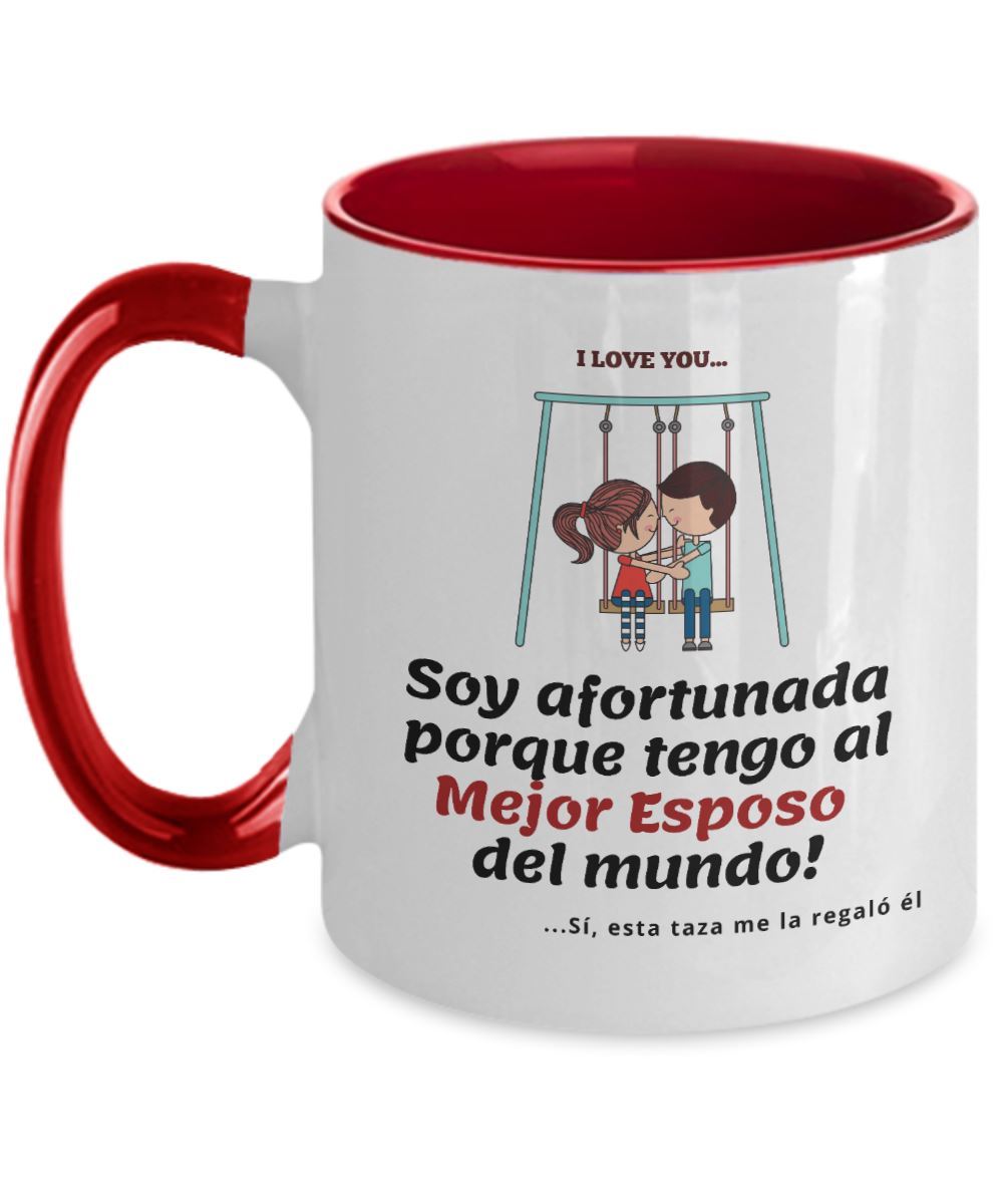 Taza 2 colores con mensaje de amor: Soy afortunada porque tengo al Mejor Esposo del mundo! Coffee Mug Regalos.Gifts 