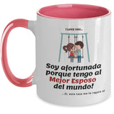 Taza 2 colores con mensaje de amor: Soy afortunada porque tengo al Mejor Esposo del mundo! Coffee Mug Regalos.Gifts Two Tone 11oz Mug Pink 