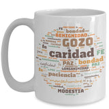 Taza Blanca con Mensaje Cristiano: Frutos del Espíritu Santo Coffee Mug Regalos.Gifts 