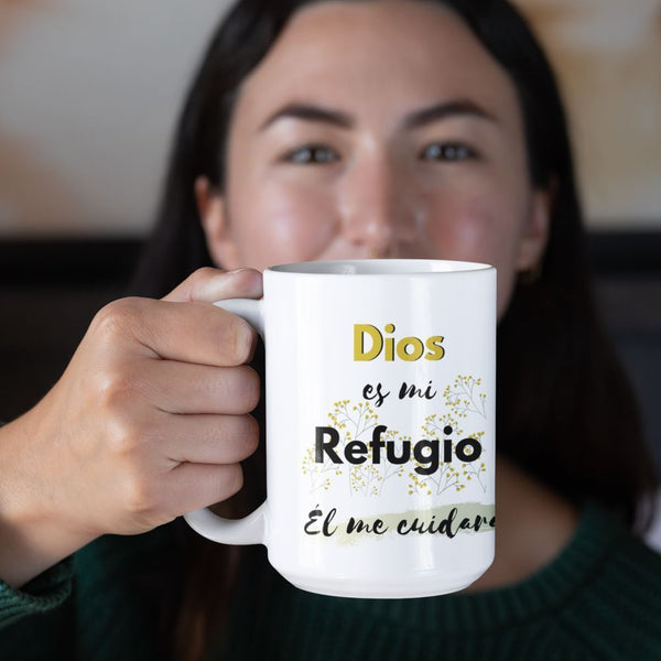 Taza con mensaje Cristiano: Dios es mi refugio, Él me cuidará! Coffee Mug Regalos.Gifts 