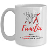 Taza con Mensaje Cristiano: Familia, donde la vida comienza y el amor nunca termina Coffee Mug Regalos.Gifts 15oz Mug White 