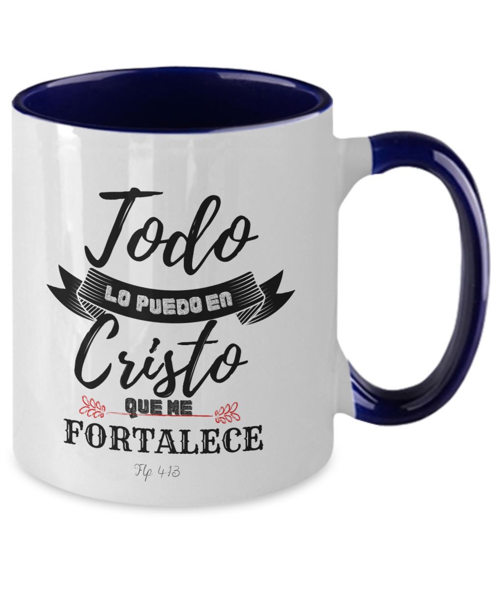 Taza con Mensaje Cristiano: Todo lo puedo en Cristo Coffee Mug Regalos.Gifts Two Tone 11oz Mug Navy 