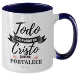 Taza con Mensaje Cristiano: Todo lo puedo en Cristo Coffee Mug Regalos.Gifts Two Tone 11oz Mug Navy 