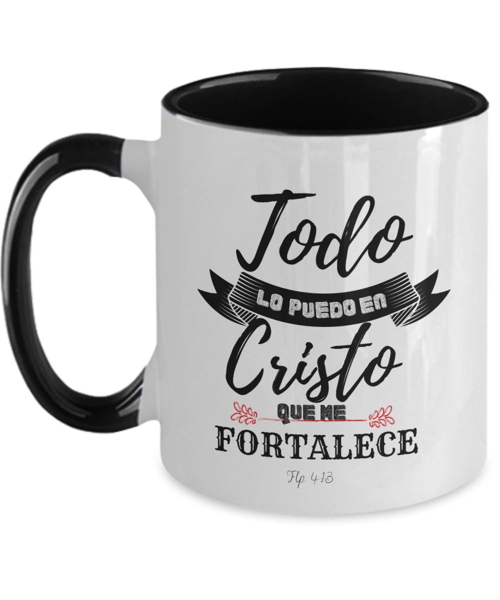 Taza con Mensaje Cristiano: Todo lo puedo en Cristo Coffee Mug Regalos.Gifts Two Tone 11oz Mug Black 