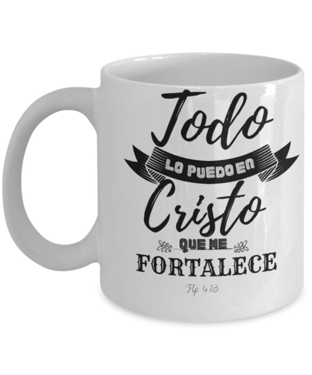 Taza de café con mensaje cristiano: Filipenses 4:13 Todo lo puedo en Cristo Coffee Mug Regalos.Gifts 