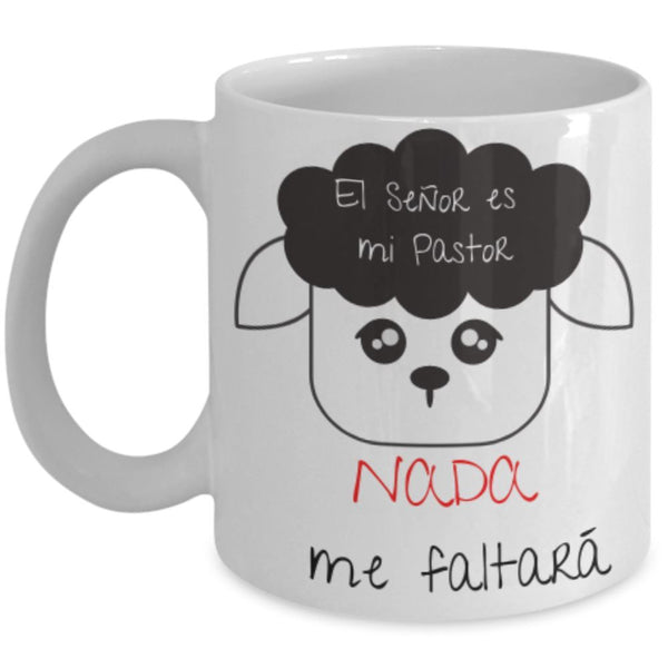Taza de café: El Señor es mi Pastor (Blanca con letras negras y rojas) Coffee Mug Regalos.Gifts 