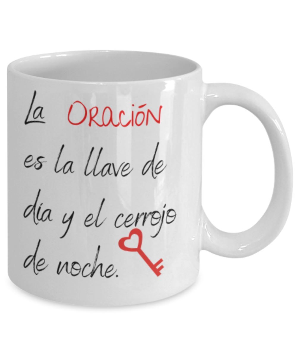 Taza de Café: La oración es la llave de día y el cerrojo de noche (con letras negro y rojo) Coffee Mug Regalos.Gifts 