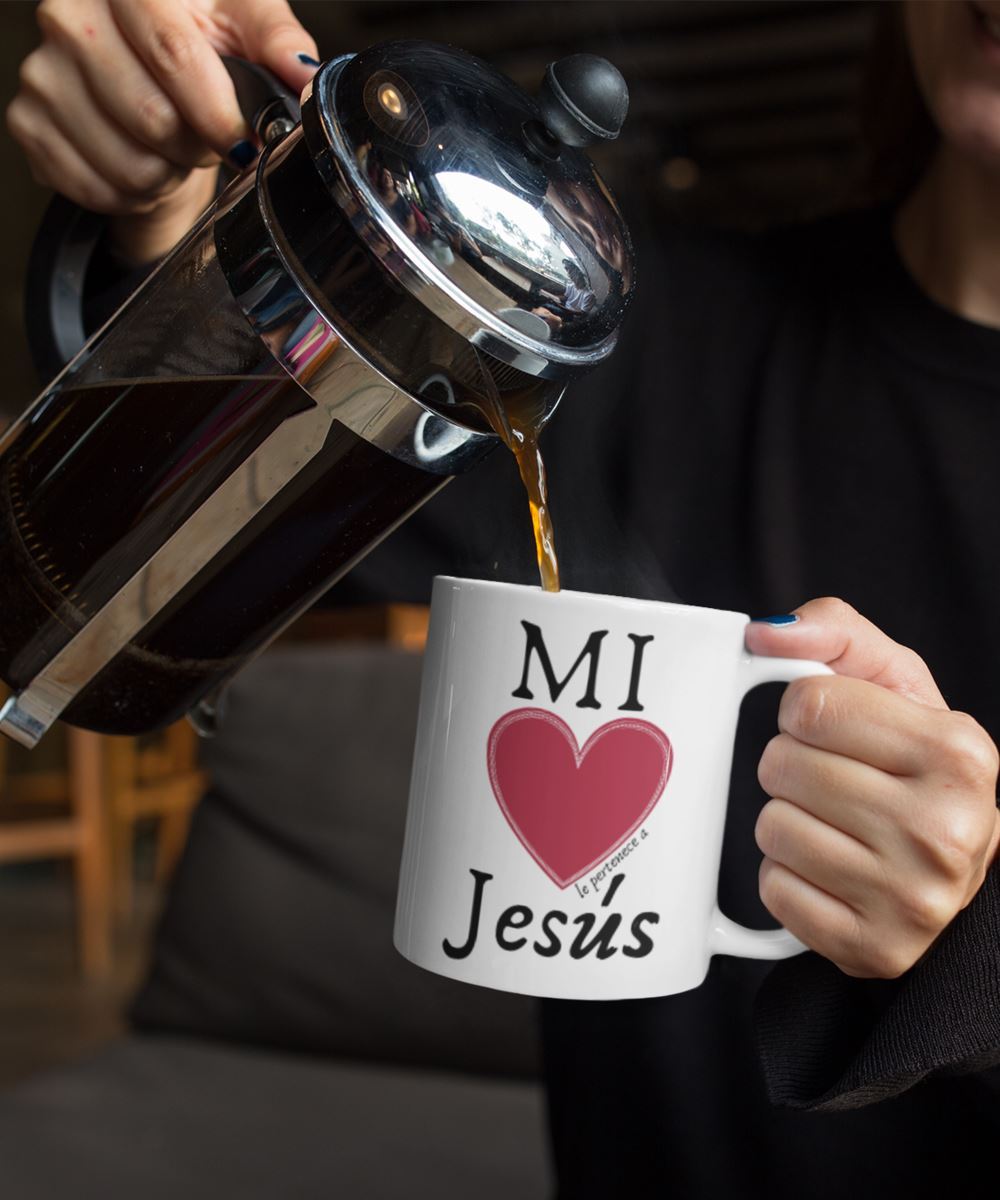 Taza de café: Mi corazón le pertenece a Jesús, (Blanca con letras negra) Coffee Mug Regalos.Gifts 