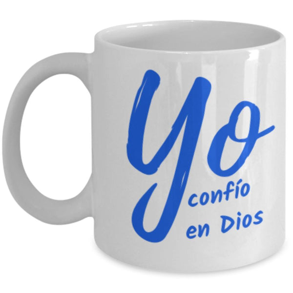 Taza de café: Yo confío en Dios (Blanco con letras azul) Coffee Mug Regalos.Gifts 