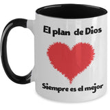 Taza dos Tonos con Mensaje Cristiano: El plan De Dios siempre es el mejor Coffee Mug Regalos.Gifts Two Tone 11oz Mug Black 