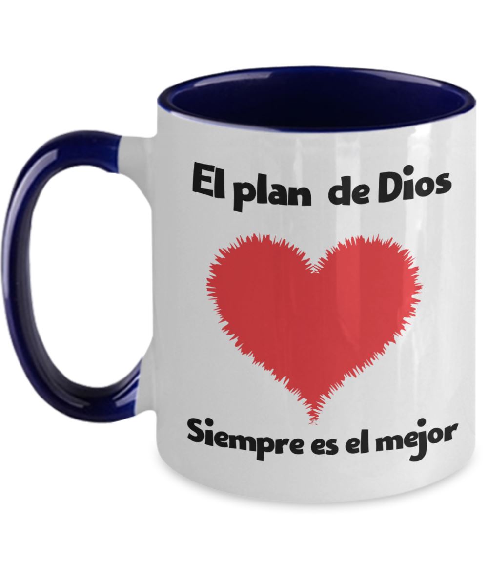 Taza dos Tonos con Mensaje Cristiano: El plan De Dios siempre es el mejor Coffee Mug Regalos.Gifts Two Tone 11oz Mug Navy 