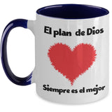 Taza dos Tonos con Mensaje Cristiano: El plan De Dios siempre es el mejor Coffee Mug Regalos.Gifts Two Tone 11oz Mug Navy 