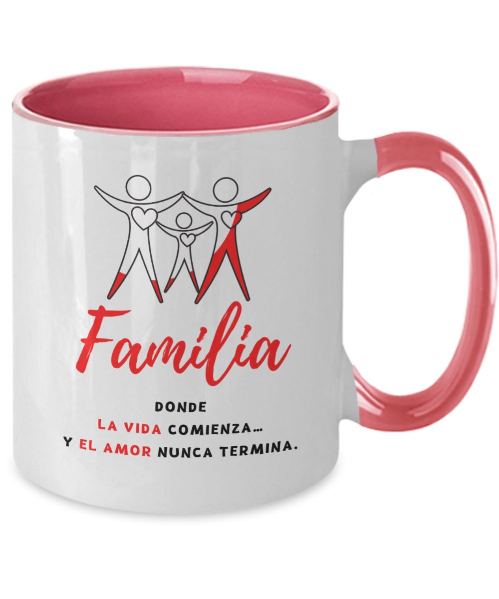 Taza dos Tonos con Mensaje Cristiano: Familia, donde la vida comienza y el amor nunca termina Coffee Mug Regalos.Gifts 