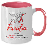 Taza dos Tonos con Mensaje Cristiano: Familia, donde la vida comienza y el amor nunca termina Coffee Mug Regalos.Gifts 
