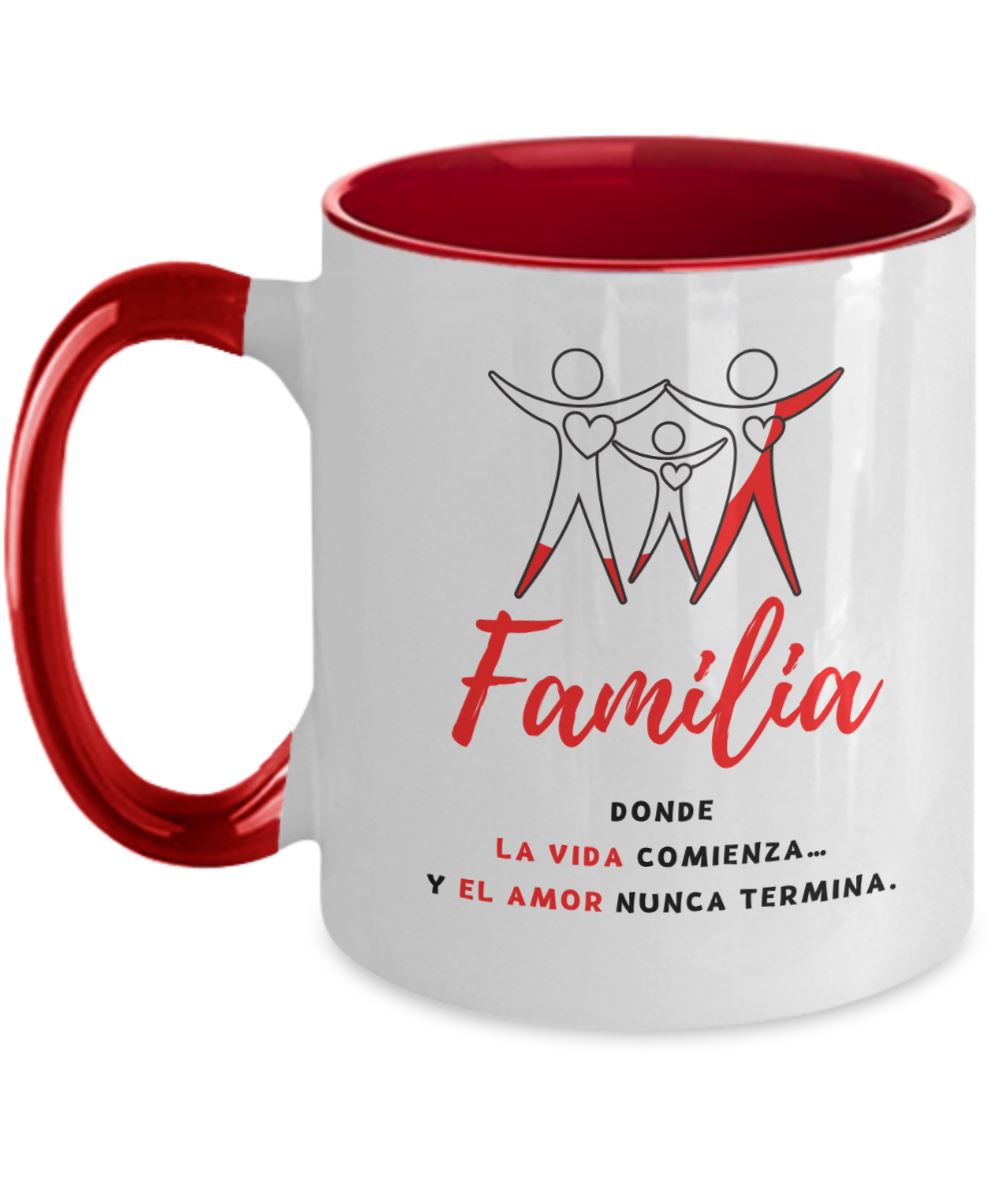 Taza dos Tonos con Mensaje Cristiano: Familia, donde la vida comienza y el amor nunca termina Coffee Mug Regalos.Gifts Two Tone 11oz Mug Red 