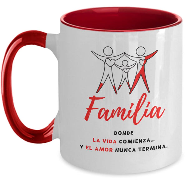 Taza dos Tonos con Mensaje Cristiano: Familia, donde la vida comienza y el amor nunca termina Coffee Mug Regalos.Gifts Two Tone 11oz Mug Red 