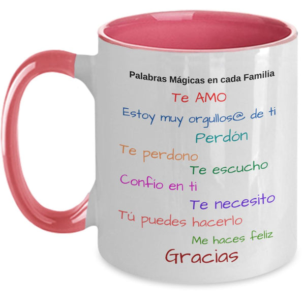 Taza dos Tonos con Mensaje Cristiano: Palabras mágicas en cada familia Coffee Mug Regalos.Gifts Two Tone 11oz Mug Pink 