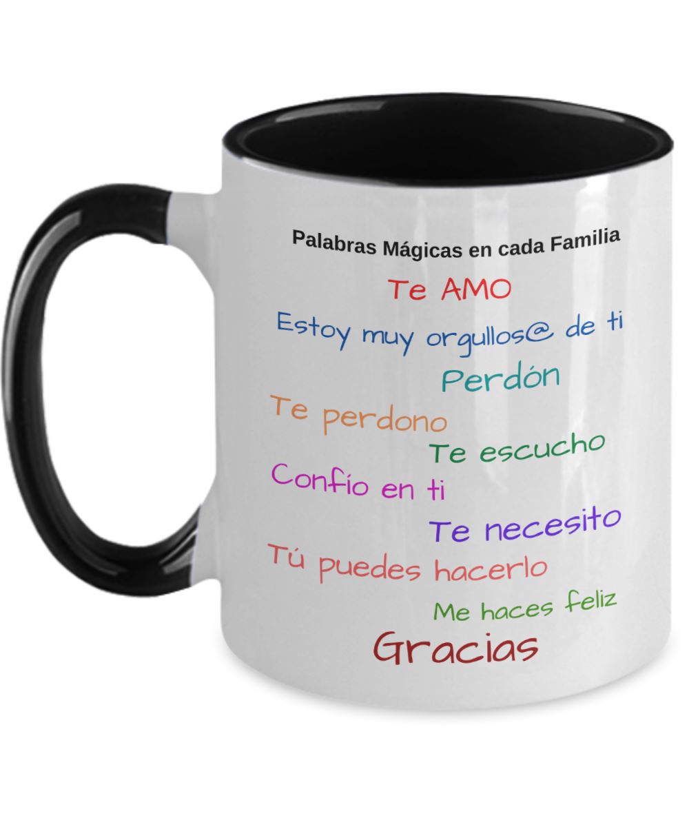 Taza dos Tonos con Mensaje Cristiano: Palabras mágicas en cada familia Coffee Mug Regalos.Gifts Two Tone 11oz Mug Black 