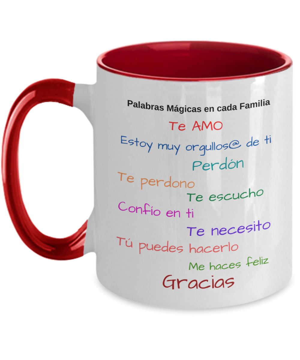 Taza dos Tonos con Mensaje Cristiano: Palabras mágicas en cada familia Coffee Mug Regalos.Gifts Two Tone 11oz Mug Red 