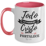 Taza dos Tonos con Mensaje Cristiano: Todo lo puedo en Cristo Coffee Mug Regalos.Gifts Two Tone 11oz Mug Pink 