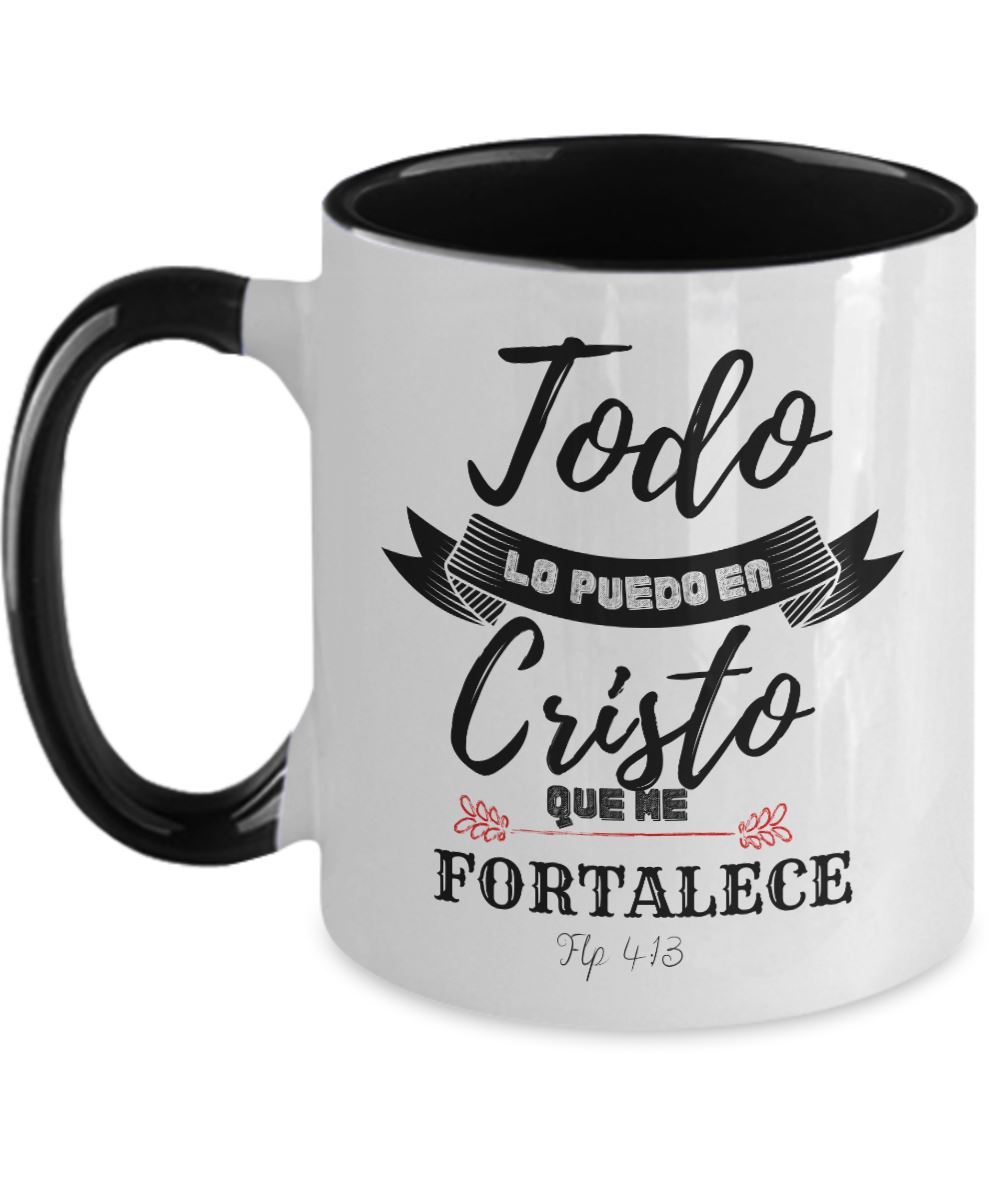 Taza dos Tonos con Mensaje Cristiano: Todo lo puedo en Cristo Coffee Mug Regalos.Gifts Two Tone 11oz Mug Black 