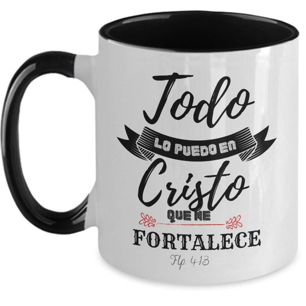 Taza dos Tonos con Mensaje Cristiano: Todo lo puedo en Cristo Coffee Mug Regalos.Gifts Two Tone 11oz Mug Black 