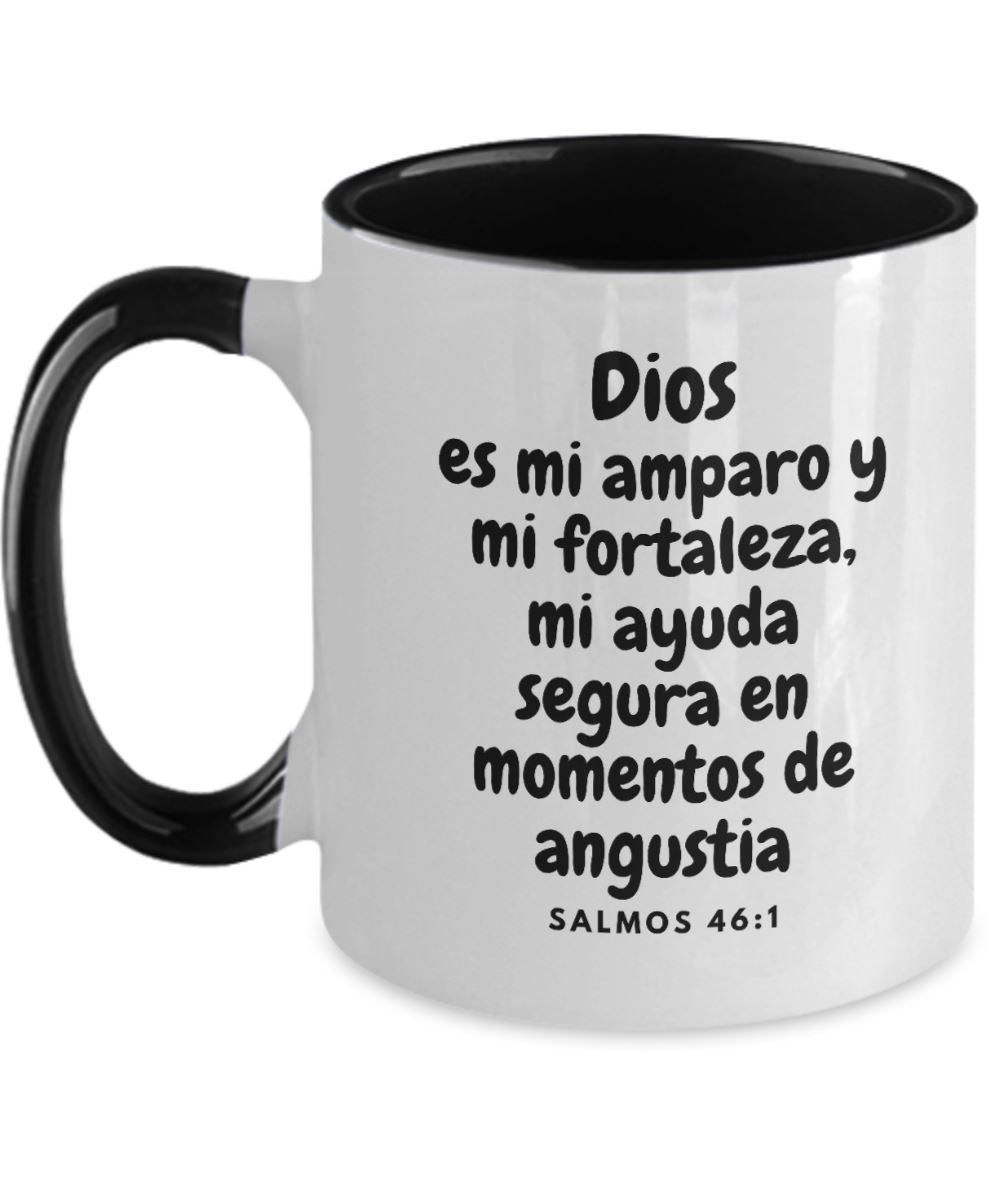 Taza dos Tonos con Mensaje De Dios: Dios es mi amparo y mi fortaleza… - Salmos 46:1 Coffee Mug Regalos.Gifts Two Tone 11oz Mug Black 