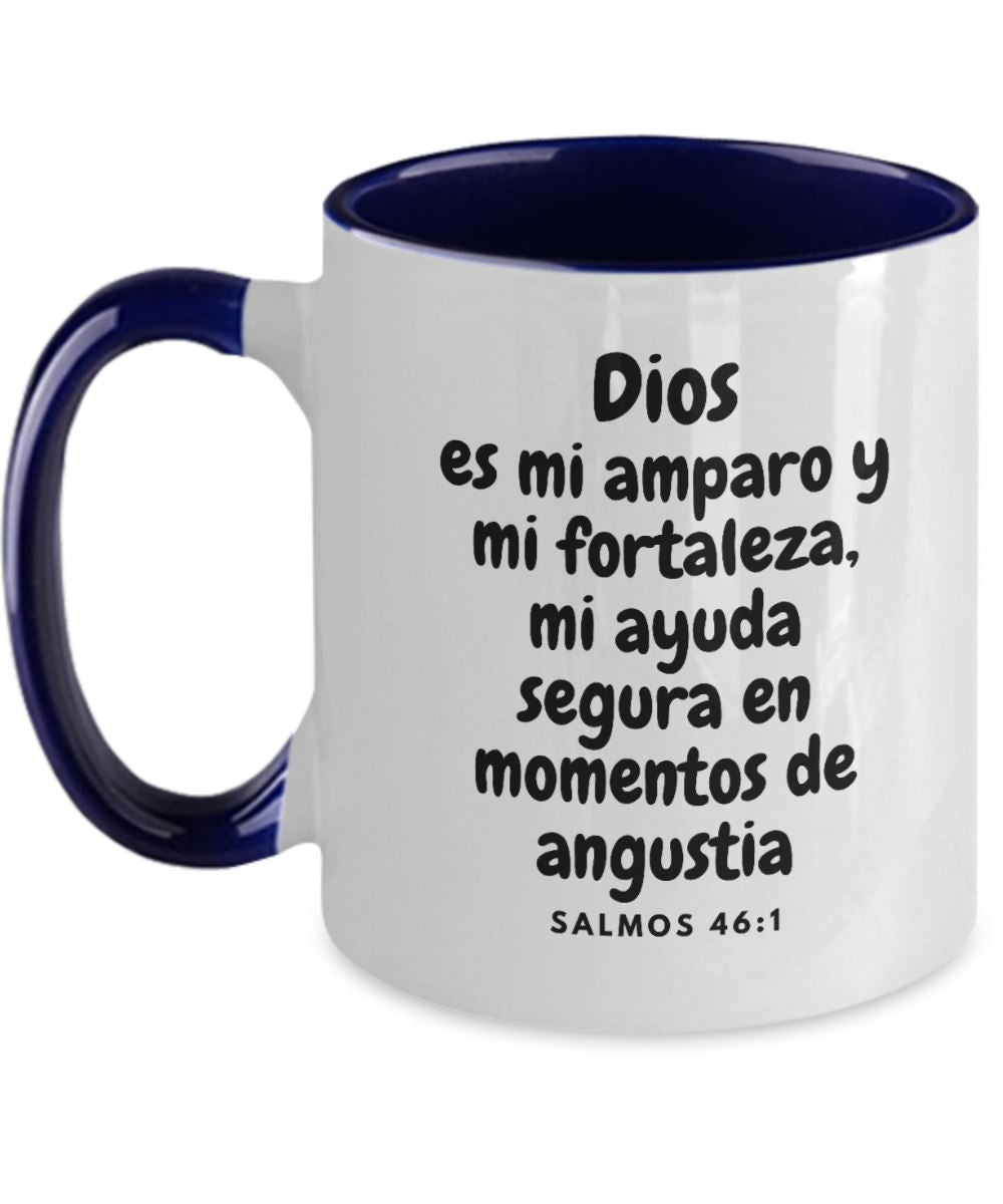 Taza dos Tonos con Mensaje De Dios: Dios es mi amparo y mi fortaleza… - Salmos 46:1 Coffee Mug Regalos.Gifts Two Tone 11oz Mug Navy 