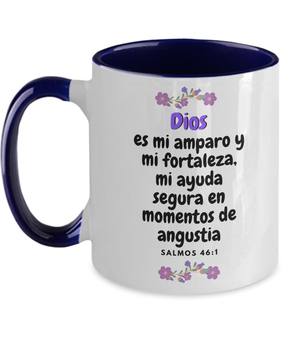Taza dos Tonos con Mensaje De Dios: Dios es mi amparo y… - Salmos 46:1 Coffee Mug Regalos.Gifts Two Tone 11oz Mug Navy 