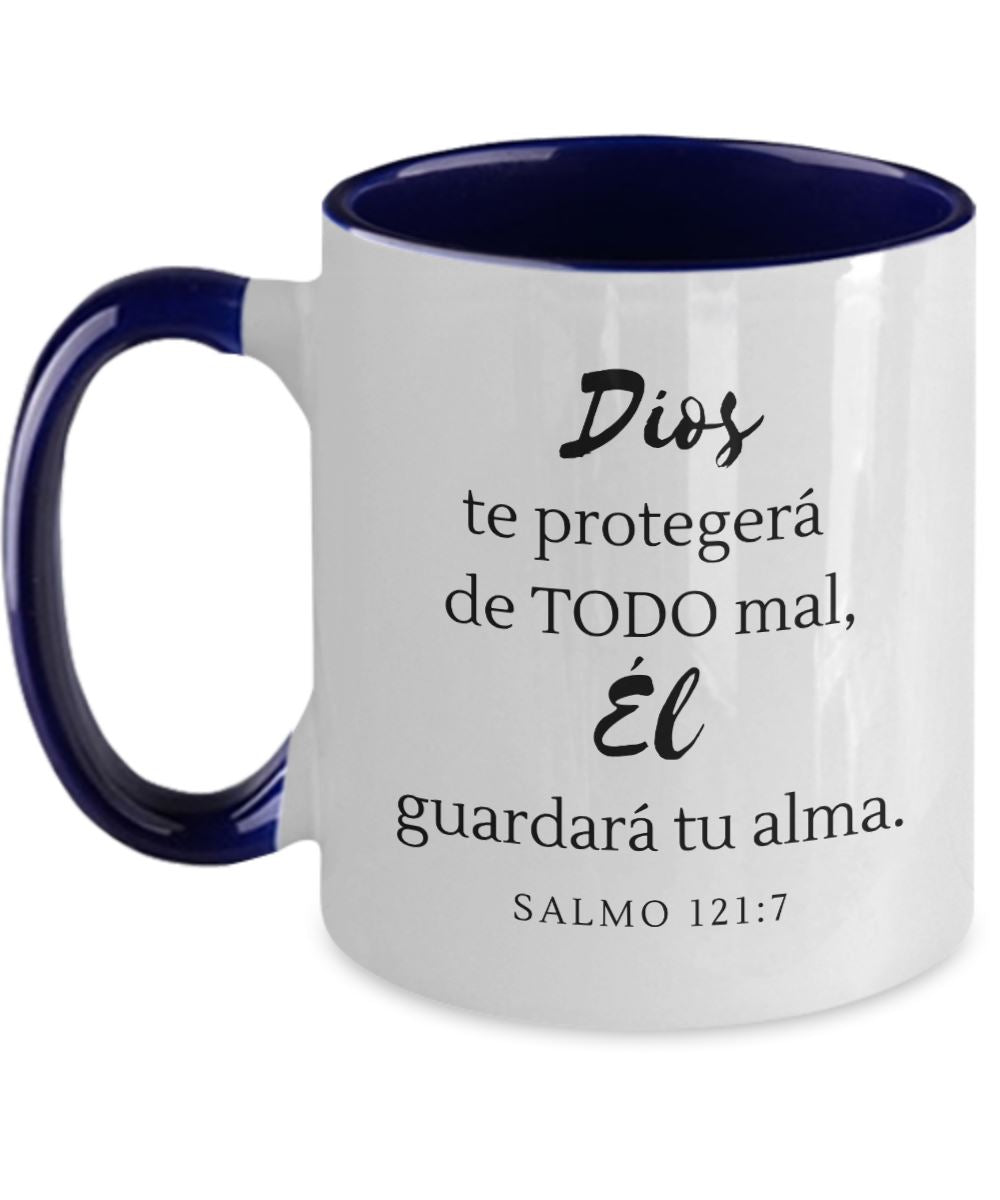 Taza dos Tonos con Mensaje De Dios: Dios te protegerá de… - Salmo 121:7 Coffee Mug Regalos.Gifts Two Tone 11oz Mug Navy 