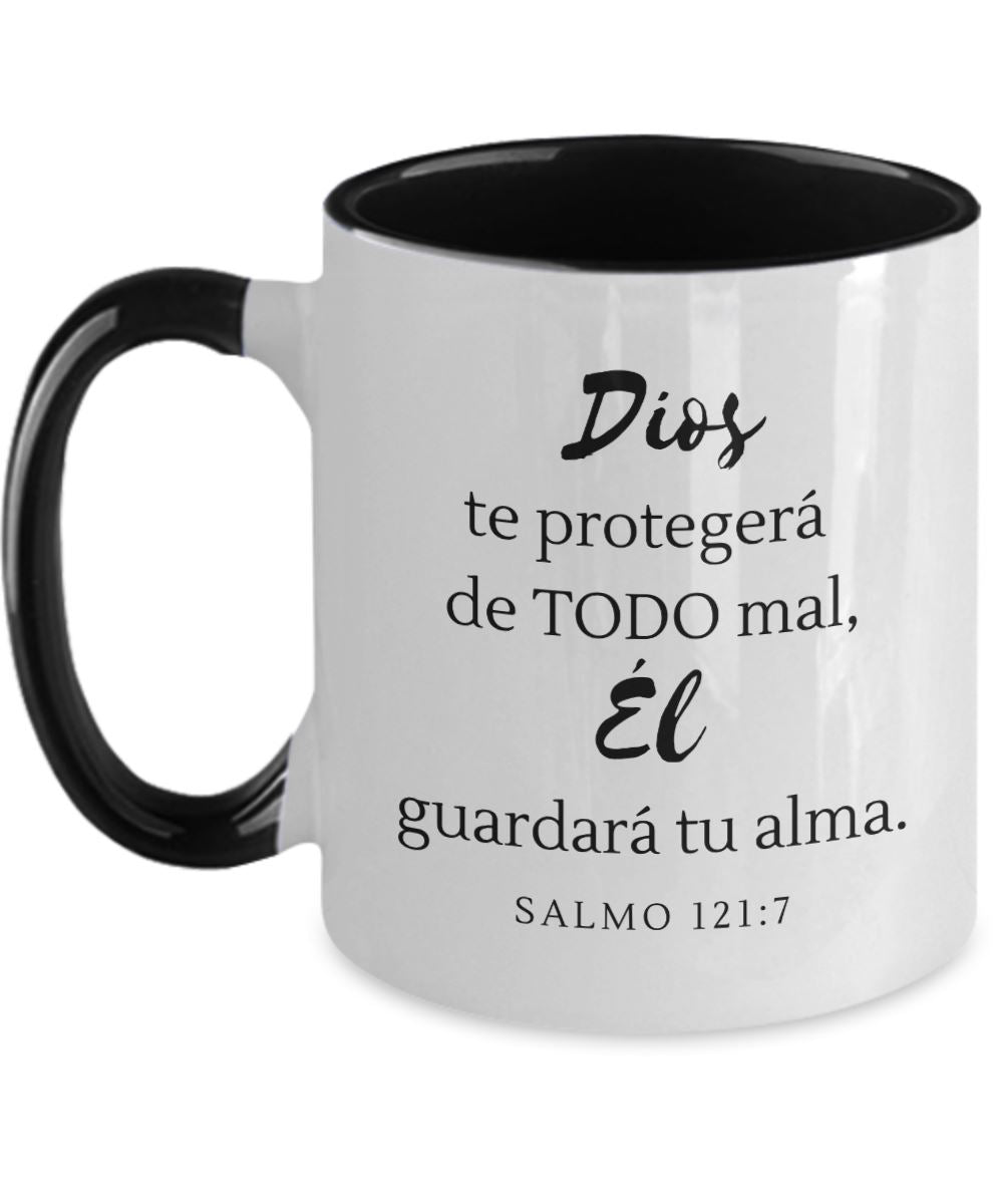 Taza dos Tonos con Mensaje De Dios: Dios te protegerá de… - Salmo 121:7 Coffee Mug Regalos.Gifts Two Tone 11oz Mug Black 