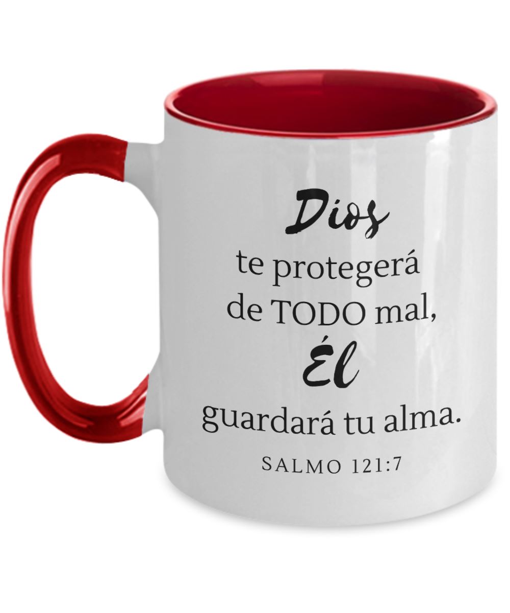Taza dos Tonos con Mensaje De Dios: Dios te protegerá de… - Salmo 121:7 Coffee Mug Regalos.Gifts Two Tone 11oz Mug Red 